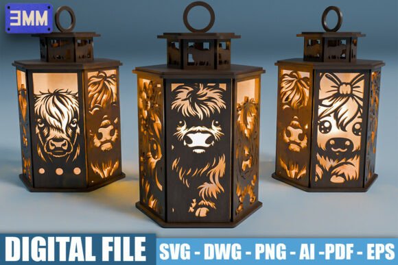 3D Cute Highland Cow Lantern Laser Cut Files