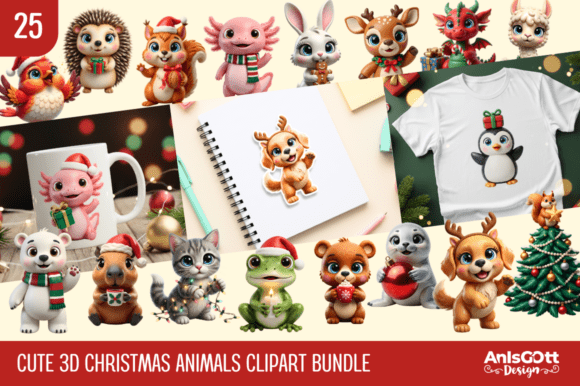 Cute 3D Christmas Animals Clipart Bundle
