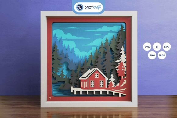 Red Home in the Forest 3D Layered Template